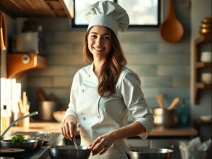 Female chef of smoothy recipes smiling in a modern kitchen, wearing a white chef's coat and hat, 